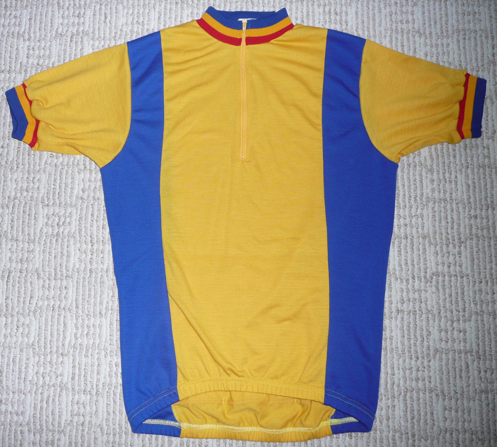 Merino Wool Cycling Jersey - Short Sleeve - Gold With Blue Sides - Blue, Gold, Red, Collar and Cuff