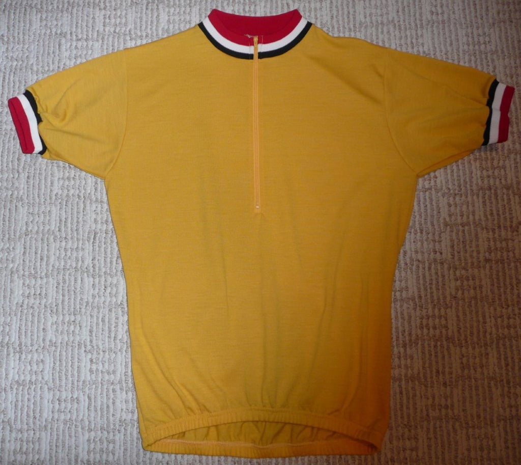 Merino Wool Cycling Jersey - Short Sleeve - Gold Jersey with Red, White, Black Collar and Cuff